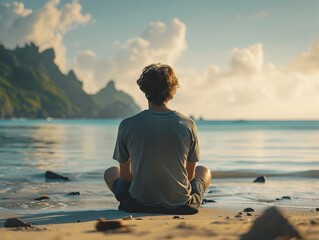 Wall Mural - Person Sitting on Beach Experiencing Tranquility and Relief in Natural Scenery