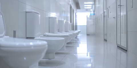 Interior of a modern public empty restroom in a shopping center. Empty toilet ws room