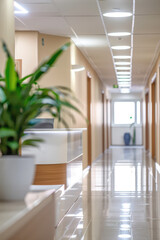 Reception desk and corridor hall in empty modern office or hotel. Business corporate background for branding, web and presentation