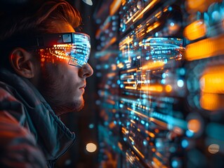 Poster - hacker wearing glasses interfacing with digital data streams