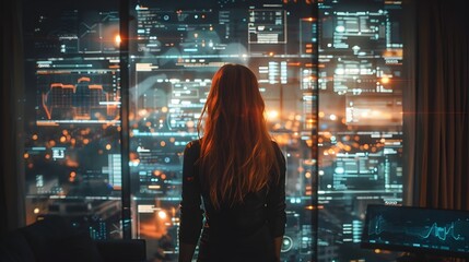 Poster - female hacker tapping into corporate network with holographic displays in futuristic apartment