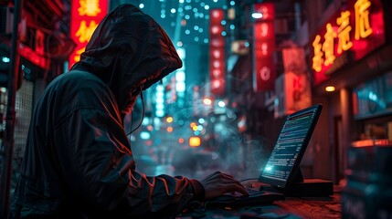 Poster - hacker accessing secret information in neon city at night