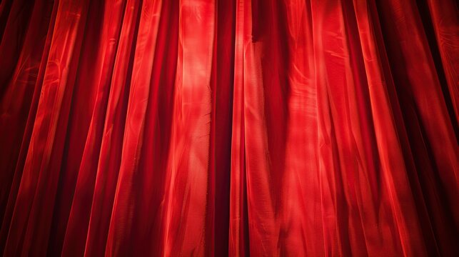 Closed maroon red curtain of stage with spotlight before show. Art performance background. Velvet curtain with arch entrance. Theatre. Nightclub cabaret show. Presentation of classic luxurious work