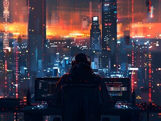 Poster - hacker accessing corporate mainframe from public terminal with futuristic city skyline