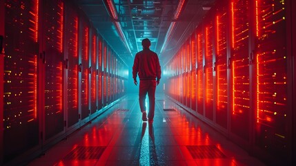 Poster - hacker infiltrating high security server farm with glowing servers and cables
