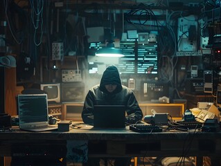 Poster - hacker working in dimly lit tech filled workspace with single spotlight