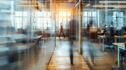 Wall Mural - Modern open-space office with natural daylight streaming through large windows, creating a dynamic atmosphere as people move around, capturing the essence of contemporary workplace design