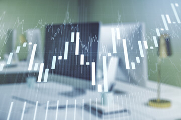 Poster - Multi exposure of abstract creative financial graph on modern computer background, forex and investment concept
