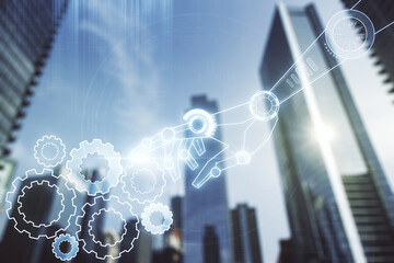 Aufkleber - Double exposure of abstract virtual robotics technology hologram on modern skyscrapers background. Research and development software concept