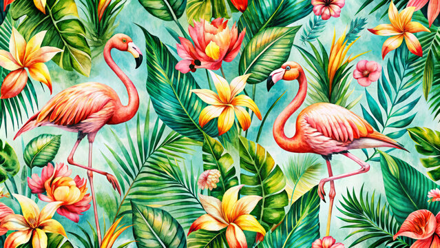 Watercolor pattern of tropical flora with pink flamingos standing amidst colorful flowers and green leaves in a lush, vibrant setting.