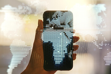 Poster - Abstract creative digital world map and hand with mobile phone on background, globalization concept. Multiexposure