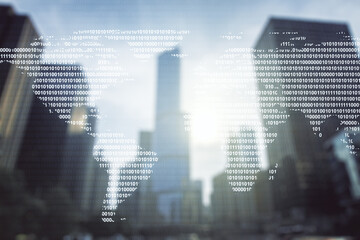 Poster - Multi exposure of abstract creative digital world map hologram on office buildings background, tourism and traveling concept