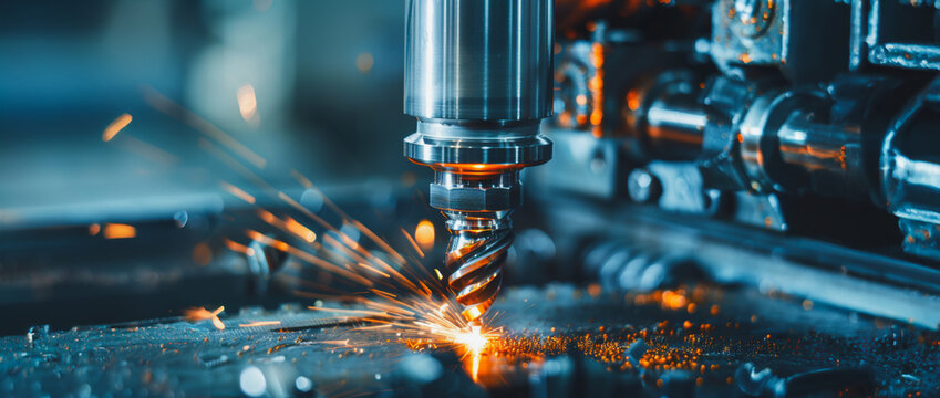 Close-up of a cnc machine cutting metal with sparks flying