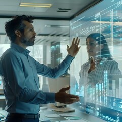 Poster - Financial Advisor Presenting Future Projections on Holographic Displays in Modern Office
