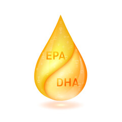 Sticker - Orange omega 3 droplet and EPA DHA solution isolated on white background. Vitamins complex minerals supplements should take in pairs. Medical scientific concepts. 3D Vector.