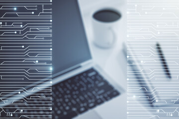 Aufkleber - Creative concept of microscheme illustration on modern laptop background. Big data and database concept. Multiexposure