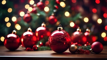 Christmas tree decoration red Christmas baubles closeup bokeh lights background copy space