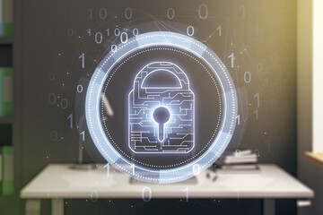 Poster - Creative light lock illustration with microcircuit and modern desktop with pc on background, cyber security concept. Multiexposure