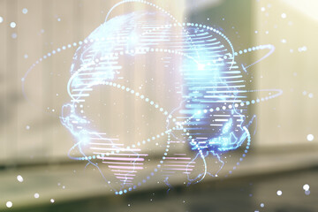 Poster - Abstract graphic digital world map hologram with connections on blurry contemporary office building background, globalization concept. Multiexposure