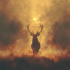 Sticker - Majestic Stag Silhouetted Against Misty Meadow Sunrise