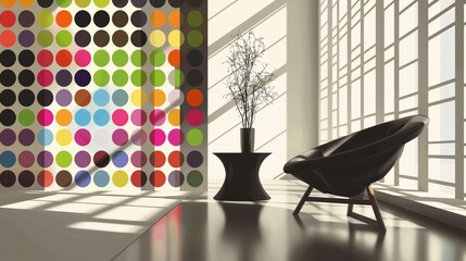 Wall Mural - A Living Room With A Colorful Polka Dots Wall.