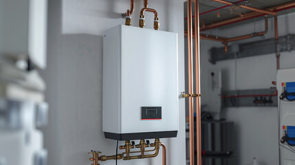 modern tankless water heater installed in a basement, the unit is connected to copper pipes and is mounted on a wall in a clean, organized utility room. Tsleek design and functionality