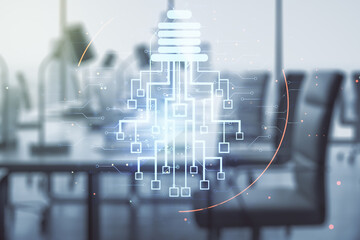Poster - Virtual creative idea concept with light bulb and microcircuit illustration on a modern furnished office background. Neural networks and machine learning concept. Multiexposure