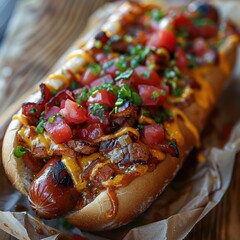 Wall Mural - Close-up of a Loaded Hot Dog with Toppings