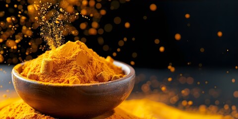 Poster - Turmeric roots and powder in vibrant yelloworange explosion on dark background. Concept Turmeric, Spice Photography, Vibrant Colors, Food Styling, Dark Backgrounds