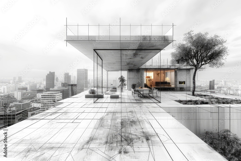Abstract black and white architectural sketch of a modern residential ...