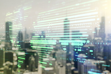 Aufkleber - Multi exposure of abstract creative digital world map hologram on blurry skyline background, tourism and traveling concept