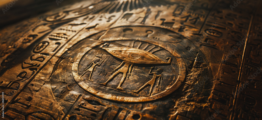 Ancient egyptian hieroglyphs depicting ufo and alien encounter Stock ...