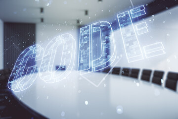 Poster - Code word hologram on a modern coworking room background, international software development concept. Multiexposure