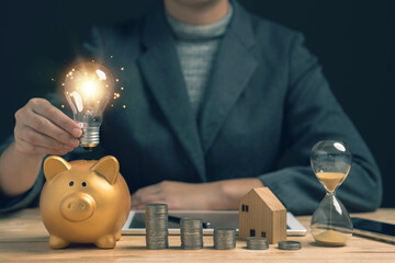 Poster - Ideas for saving energy. How to reduce electricity bills and increase savings. Saving money by saving electricity. Ideas for saving money and investing.