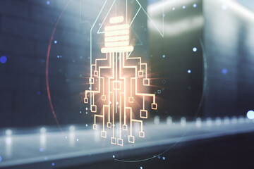 Poster - Virtual creative light bulb with chip hologram on contemporary business center exterior background, artificial Intelligence and neural networks concept. Multiexposure