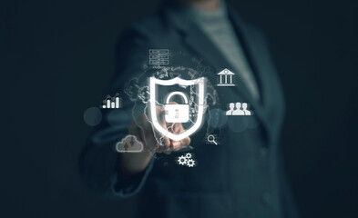 Fototapete - Businessman finger touching padlock icon.Cybersecurity protection concept.Innovative digital crime prevention technology.Financial data protection financial transaction security.