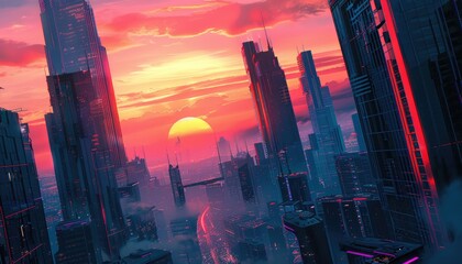 Wall Mural - The futuristic cityscape glows with neon colors during a stunning sunrise, forming a majestic and captivating view AIG59