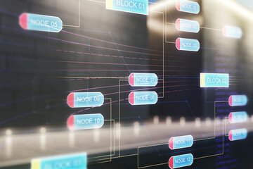 Poster - Abstract virtual coding concept on blurry modern office building background. Multiexposure
