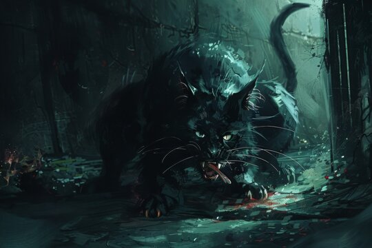 dark fantasy depiction of a black cat prowling in a dilapidated environment with glowing eyes and a 
