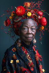 Wall Mural - Portrait of elderly African woman in ethnic clothes richly decorated with flowers on dark background.