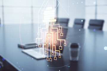 Poster - Creative idea concept with light bulb and microcircuit illustration on modern laptop background. Neural networks and machine learning concept. Multiexposure