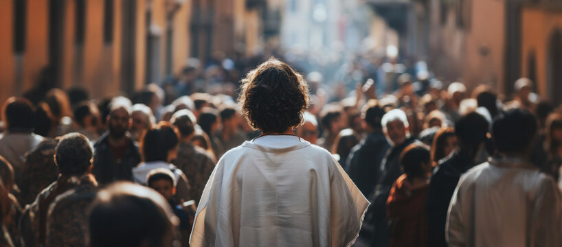 Rear view of jesus preaching in the streets of ancient rome