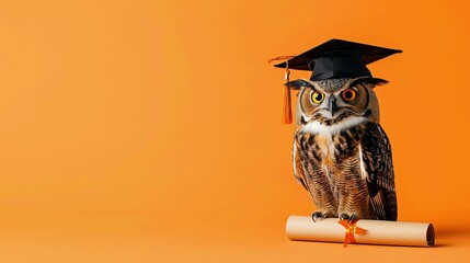 Wise owl wearing graduation cap sitting on stack of books against orange background.