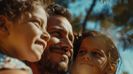 Close-up of a happy African American family with a child walking in the park enjoying the weather. A young man and woman with a child spend time together outdoors. Family concept.