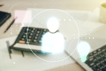 Aufkleber - Double exposure of abstract virtual social network icons on blurry calculator with laptop background. Marketing and promotion concept
