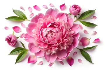 top view of a beautiful pink peony and loose petals isolated over a transparent background, romantic feminine spring design element