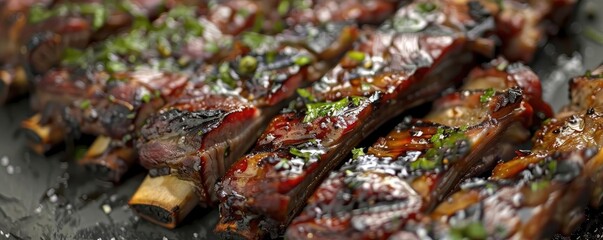 Canvas Print - Close-up of delicious, juicy grilled beef ribs with herbs and seasoning, perfect for barbecue and gourmet dining visuals.