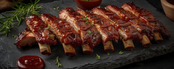 Canvas Print - Close-up of delicious barbecued ribs glazed with sauce, arranged on a black slate plate, garnished with fresh rosemary and dipping sauce on side.