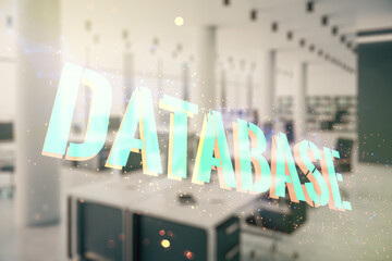 Poster - Double exposure of Database word sign on a modern furnished office background, global research and analytics concept