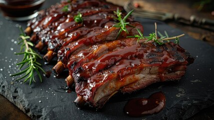 Canvas Print - Deliciously glazed BBQ pork ribs garnished with fresh rosemary leaves, presented on a dark slate with a dipping sauce on the side.